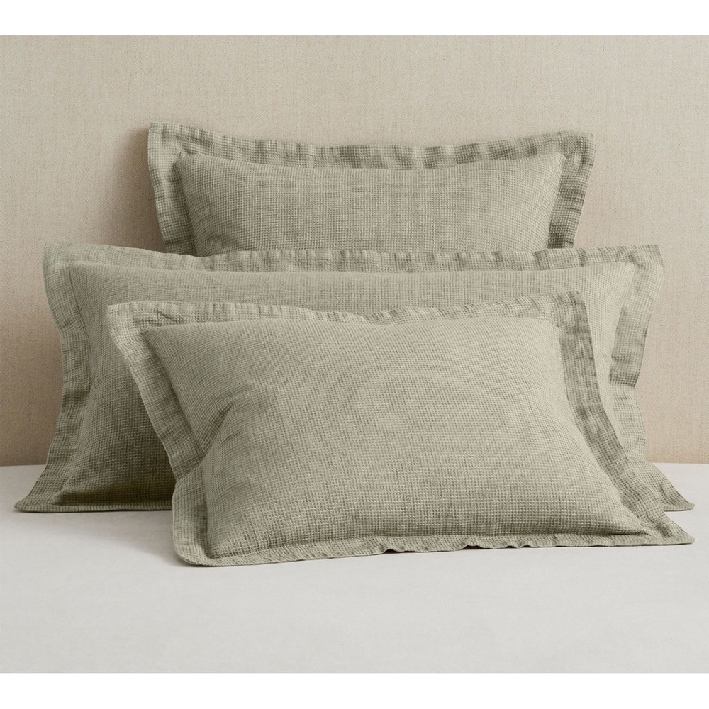 Pottery Barn Belgian Flax Linen Waffle Weave King Sham Set Eucalyptus 2pc New